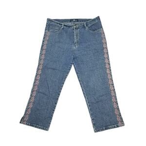 Jeanbay Womens Denim Blue Stretch Embellished Pink Flowers Gem Capris Sz 14 EUC